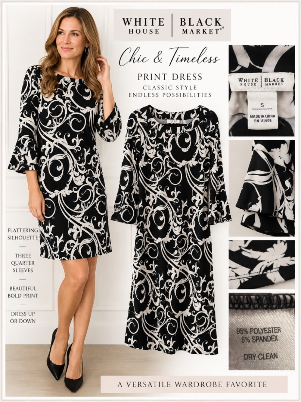 White House Black Market Black & White Scroll Print Dress Size S Bell Sleeves